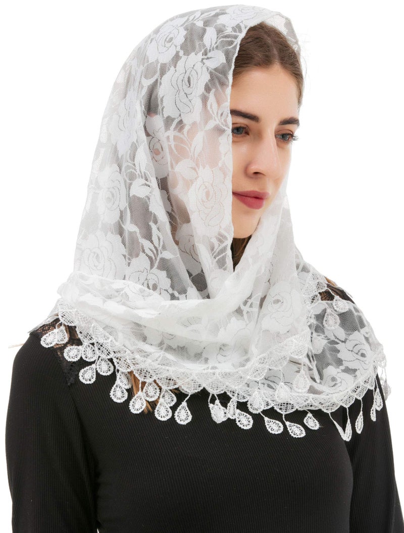PAMOR Mass Veil Triangle Mantilla Cathedral Head Covering Chapel Veil Lace Shawl Latin Scarf (White) - Image 1