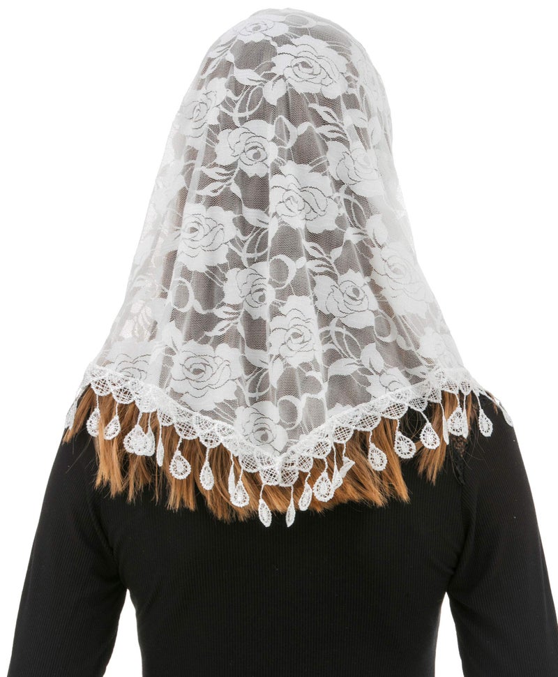 PAMOR Mass Veil Triangle Mantilla Cathedral Head Covering Chapel Veil Lace Shawl Latin Scarf (White) - Image 4