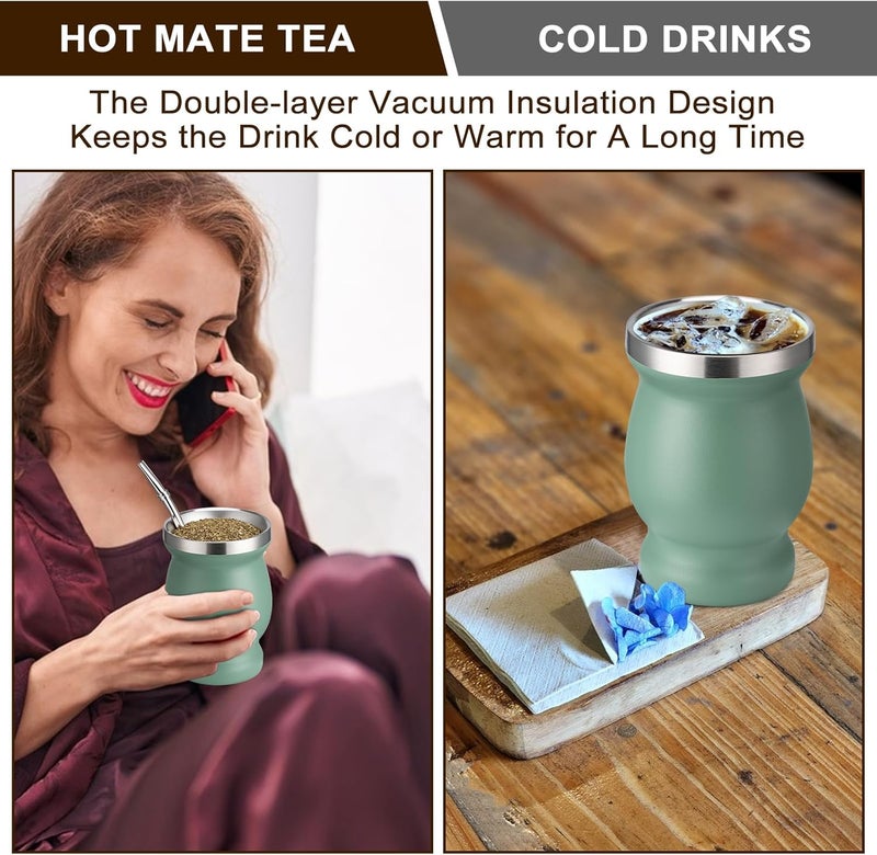 Husfunov 8oz Yerba Mate Cup, 304 Stainless Steel Double-Wall Mate Cup, Heat Insulation Yerba Mate Gourd, Tea Cup Set Includes Cleaning Brush & 2 Bombillas (Green) - Image 4