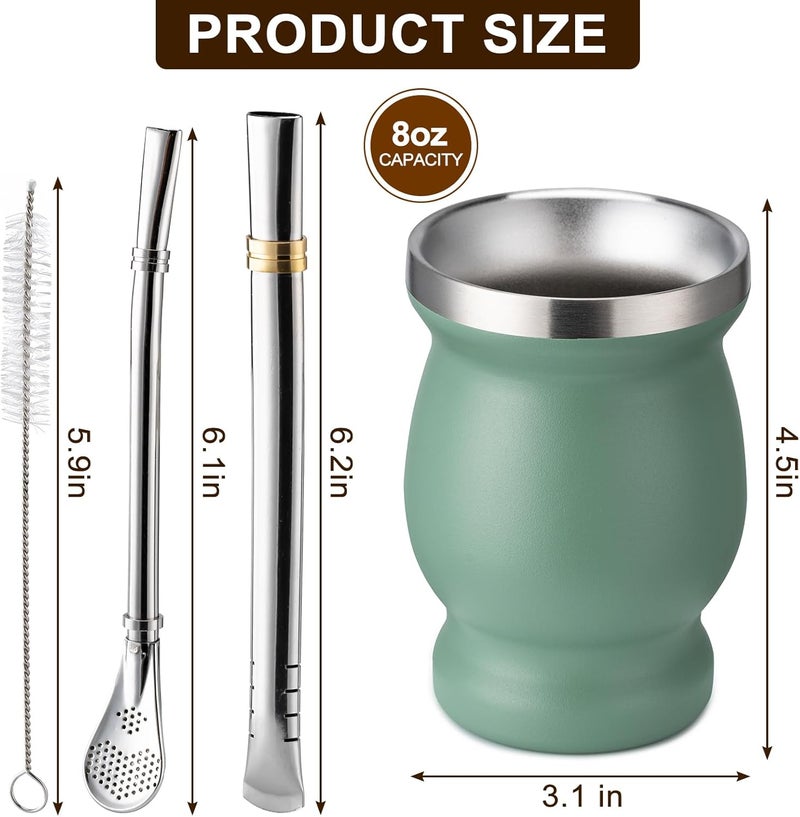 Husfunov 8oz Yerba Mate Cup, 304 Stainless Steel Double-Wall Mate Cup, Heat Insulation Yerba Mate Gourd, Tea Cup Set Includes Cleaning Brush & 2 Bombillas (Green) - Image 2