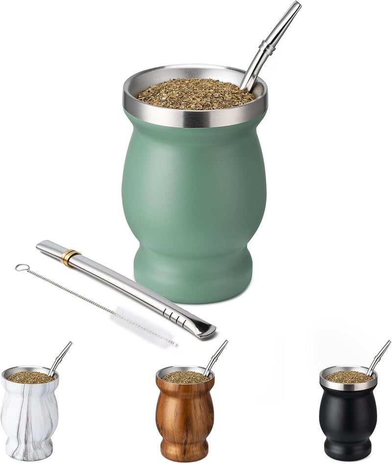 Husfunov 8oz Yerba Mate Cup, 304 Stainless Steel Double-Wall Mate Cup, Heat Insulation Yerba Mate Gourd, Tea Cup Set Includes Cleaning Brush & 2 Bombillas (Green) - Image 1