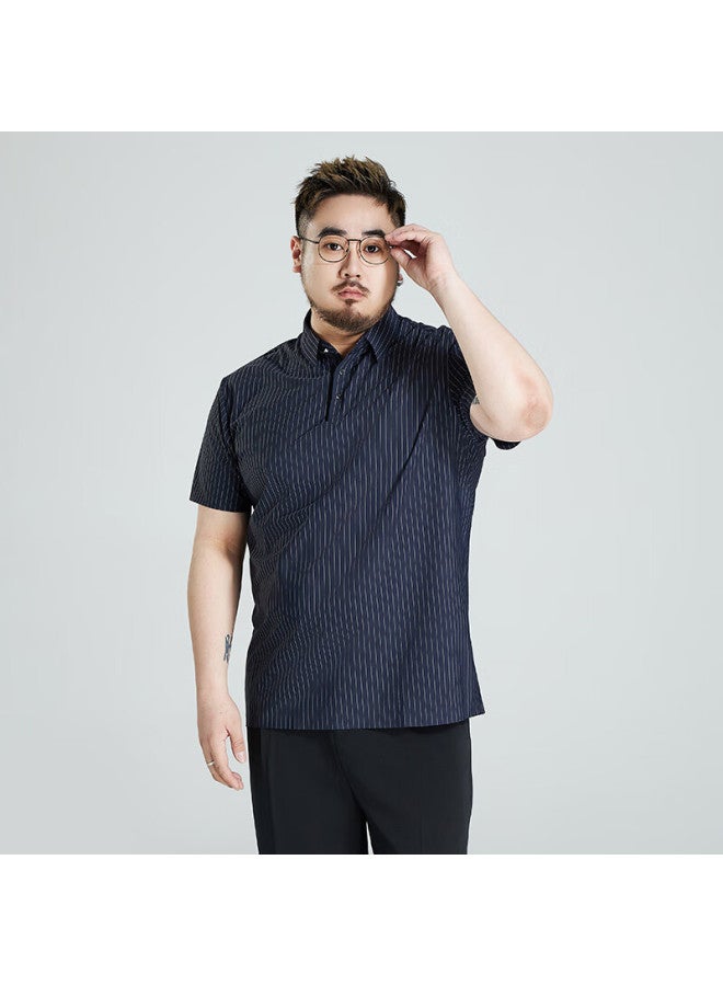 Ayoupang Summer Short Sleeve Ice Silk Plus Size Polo Shirt Business Striped Loose Elastic T-shirt Men Navy Blue XL - Image 5