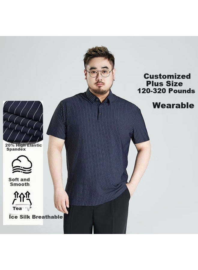 Ayoupang Summer Short Sleeve Ice Silk Plus Size Polo Shirt Business Striped Loose Elastic T-shirt Men Navy Blue XL - Image 1