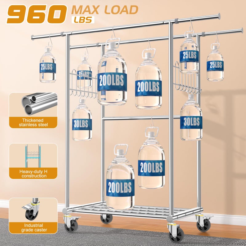 FYBEE 100% Stainless Steel Heavy Duty Clothes Rack Load 960LBS, Three Rods Clothing Racks for Hanging Clothes Extendableï¼ŒRolling Garment Rack With Sturdy Wheels Shelves Hooks, Portable Closet Wardrobe Rack - Image 2