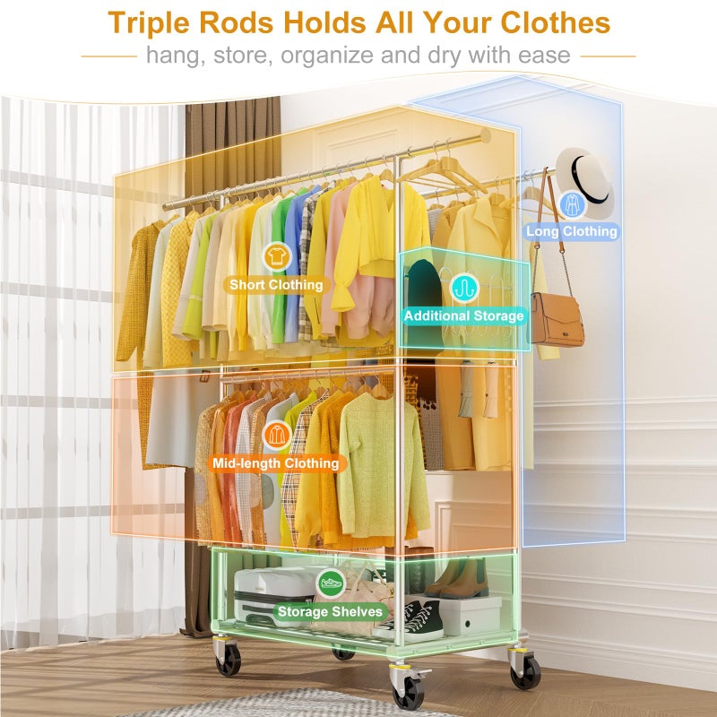 FYBEE 100% Stainless Steel Heavy Duty Clothes Rack Load 960LBS, Three Rods Clothing Racks for Hanging Clothes Extendableï¼ŒRolling Garment Rack With Sturdy Wheels Shelves Hooks, Portable Closet Wardrobe Rack - Image 5