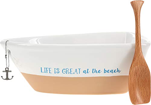 Pavilion Gift Company Pavilion  Life Is Great At The Beach  12 Oz Stoneware Boat Dish Server With Wooden Oar Scoop