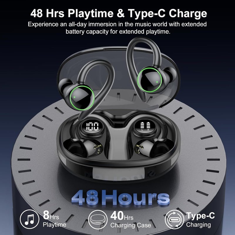 PEFUPEW Wireless Earbuds, Bluetooth 5.4 Headphones Sport, Over Ear Buds With ENC Noise Cancelling Mic, 48H, Wireless Earphone With Earhooks, Stereo Deep Bass, IP7 Waterproof Headset for Workout, Black - Image 4