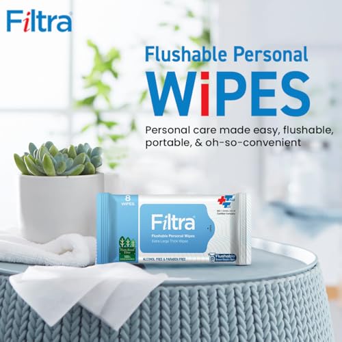 Filtra® Flushable Personal Hygiene | 99% Water | 100% Flushable & Septic Safe | Plant-Based, Biodegradable | Fragrance-Free, Alcohol & Paraben Free | For Baby, Intimate, Toilet & Travel Use | 8 Sheets/Mini Pack, 6 Packs/Bag (48 Count) - Image 2