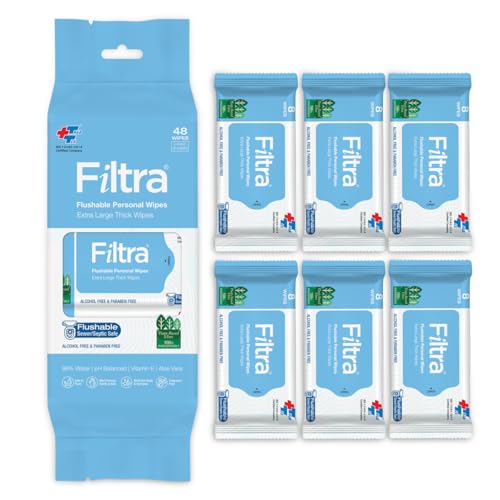 Filtra® Flushable Personal Hygiene | 99% Water | 100% Flushable & Septic Safe | Plant-Based, Biodegradable | Fragrance-Free, Alcohol & Paraben Free | For Baby, Intimate, Toilet & Travel Use | 8 Sheets/Mini Pack, 6 Packs/Bag (48 Count) - Image 1