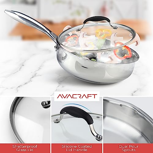 AVACRAFT 18/10 8 Inch Stainless Steel Frying Pan with Lid, Side Spouts, Induction Pan, Versatile Stainless Steel Skillet, Fry Pan in our Pots and Pans (Stainless Steel, 8 Inch) - Image 4