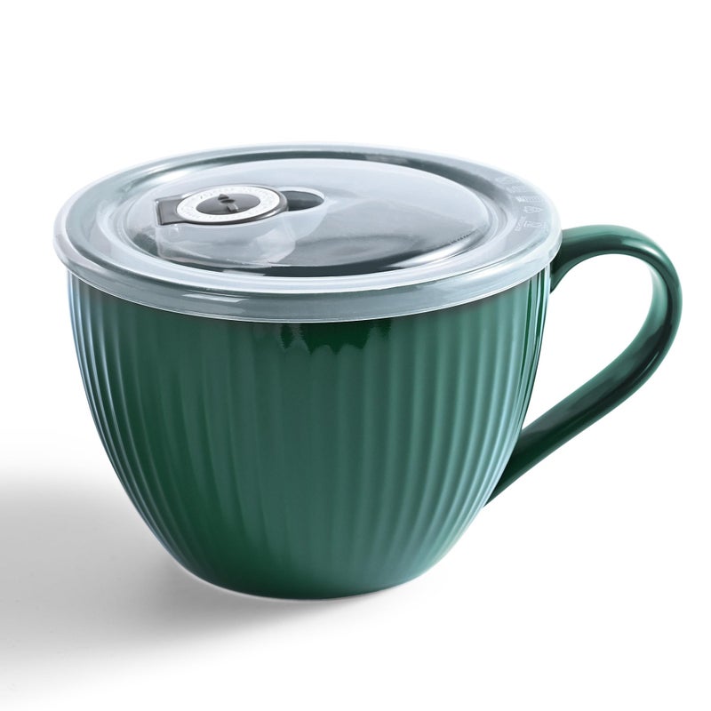 Hoilse Ceramic Soup Mug With Lid  24Oz Large Soup Cup With Handle  Microwave Soup Bowl For Breakfast Cereal  Oatmeal  Overnight Oats  Coffee  Salad  Dishwasher Safe Housewarming Wedding Gift  1Pc (Green) - Image 1