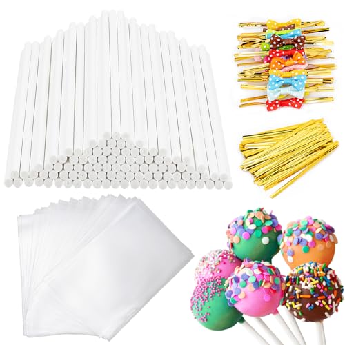 SOTMALTK 320Pcs Cake Pop Sticks and Wrappers Kit, 6inch Lollipop Sticks with Cake Pop Bags and Metallic Twist Ties Bow, Perfect for Making Lollipops,Candies,Chocolates and Cookies - Great for Parties - Image 1