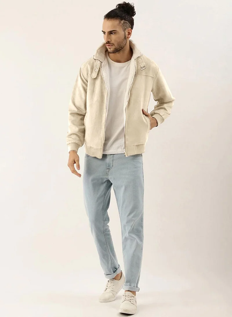 CAHOOT Beige Men's Saltbox Beige Fur-Lined Suede Bomber Jacket for Men | Best Price UAE