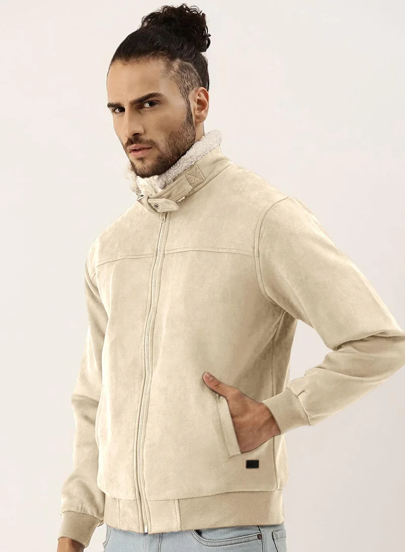 CAHOOT Beige Men's Saltbox Beige Fur-Lined Suede Bomber Jacket for Men | Best Price UAE