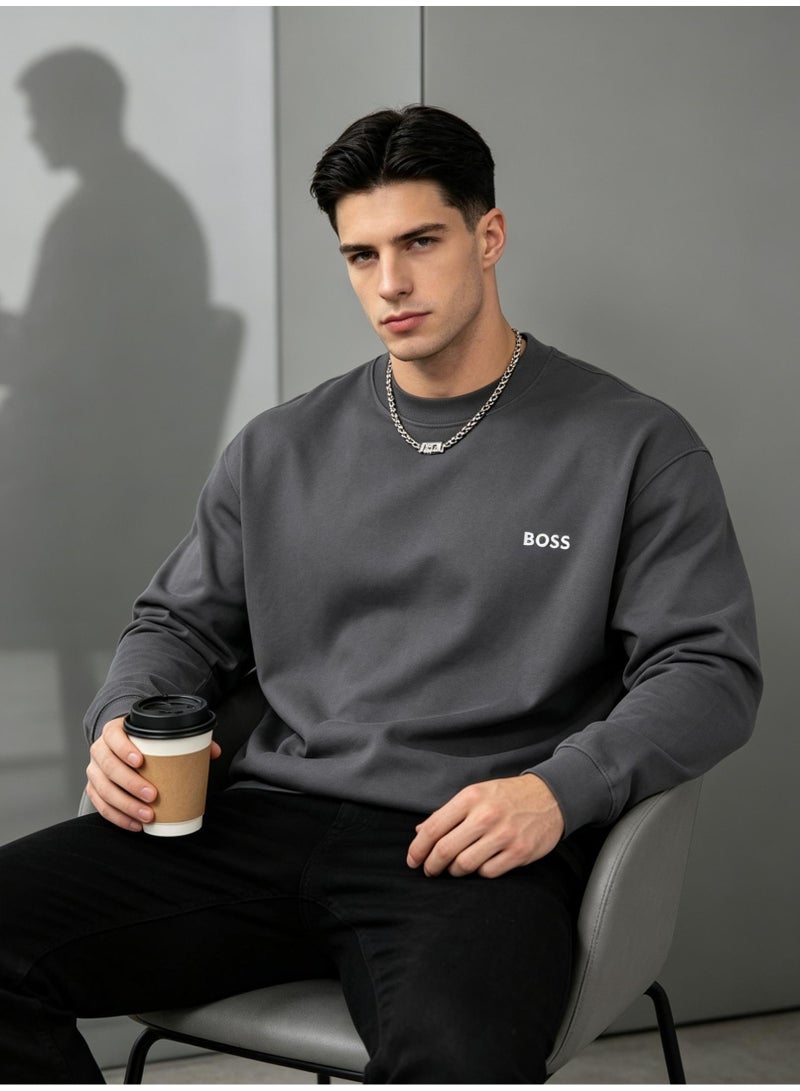 BOSS Men Charcoal Dark Grey Crew Neck Sweatshirt Premium Urban Street Outfit Dark Gray - Image 1