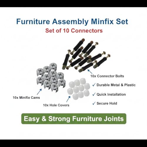 FURNEASER Minifix Cam Lock Fastener Set of 10 for Furniture Fittings, 40mm Connector Bolt with Cam Nut & Caps, Wardrobe Cabinet Bed Shelf Drawer Assembly Hardware for Wooden Furniture - Image 2
