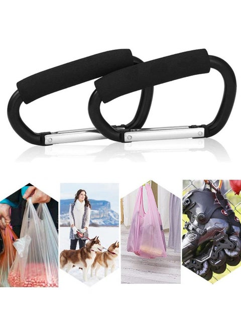 Stroller Hooks,2 Pack Handzy Grocery Bag Holder Handle Carrier Tool Strong Large Durable Multi Purpose Snap Large Carabiner Clip Set with Soft Cushion Grip(Black)