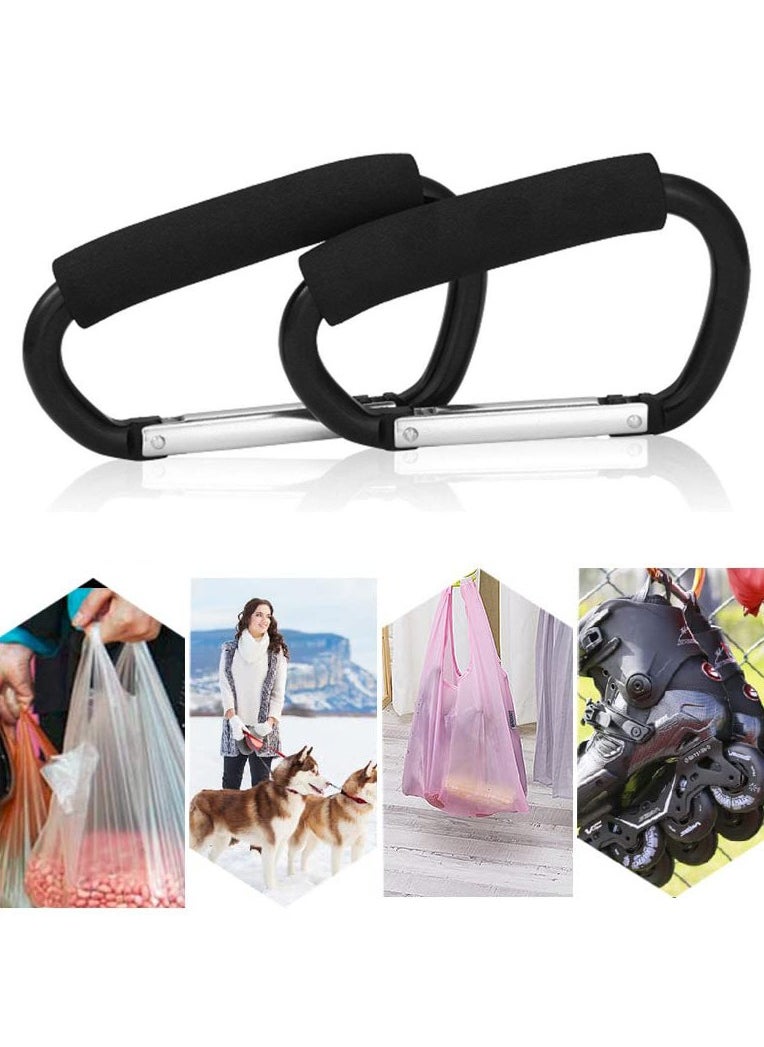 PYC - Stroller Hooks,2 Pack Handzy Grocery Bag Holder Handle Carrier Tool Strong Large Durable Multi Purpose Snap Large Carabiner Clip Set with Soft Cushion Grip(Black) - Image 1