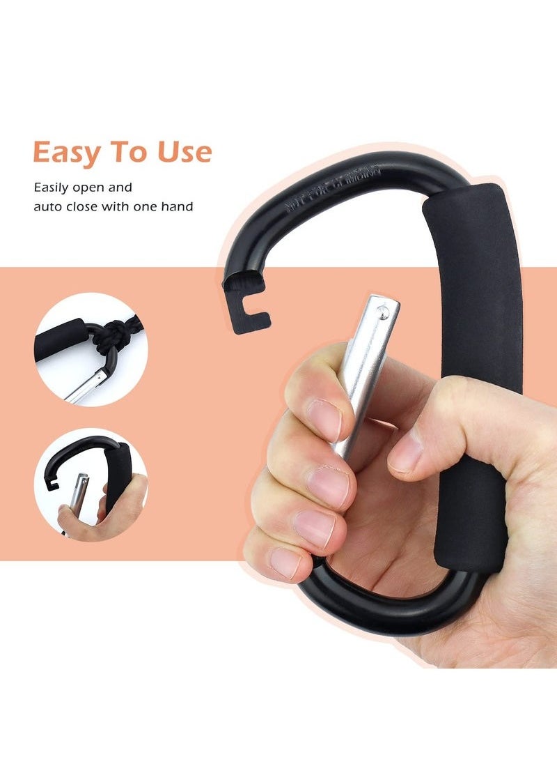 PYC - Stroller Hooks,2 Pack Handzy Grocery Bag Holder Handle Carrier Tool Strong Large Durable Multi Purpose Snap Large Carabiner Clip Set with Soft Cushion Grip(Black) - Image 1