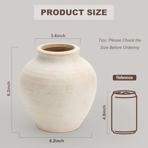RIKBVOM Ceramic Flower Vase Home Decor, 6.2 inch Farmhouse Rustic Vintage Decorative Vases, Pottery Terracotta Boho Flowers Vases for Dining Table, Living Room, Shelf, Kitchen, Bedroom (6.2"-White) - Image 4