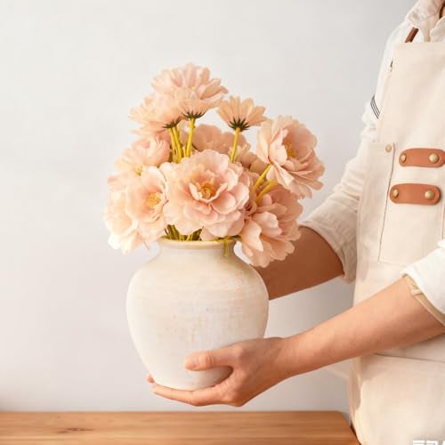 RIKBVOM Ceramic Flower Vase Home Decor, 6.2 inch Farmhouse Rustic Vintage Decorative Vases, Pottery Terracotta Boho Flowers Vases for Dining Table, Living Room, Shelf, Kitchen, Bedroom (6.2"-White) - Image 5