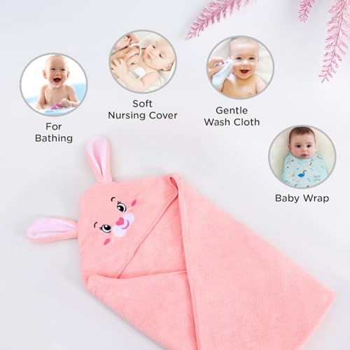 Mee Mee Hooded Baby Bath Towel for New Born | Wash Cloth, Quick Absorbent, Can be Used for Baby Swaddling, Extra Soft Cotton Towels for Kids/Toddlers/Infants/Babies, Pack of 1, (Pink Rabbit) 80X80 CM - Image 3