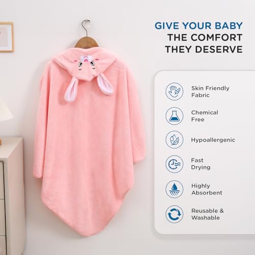 Mee Mee Hooded Baby Bath Towel for New Born | Wash Cloth, Quick Absorbent, Can be Used for Baby Swaddling, Extra Soft Cotton Towels for Kids/Toddlers/Infants/Babies, Pack of 1, (Pink Rabbit) 80X80 CM - Image 2