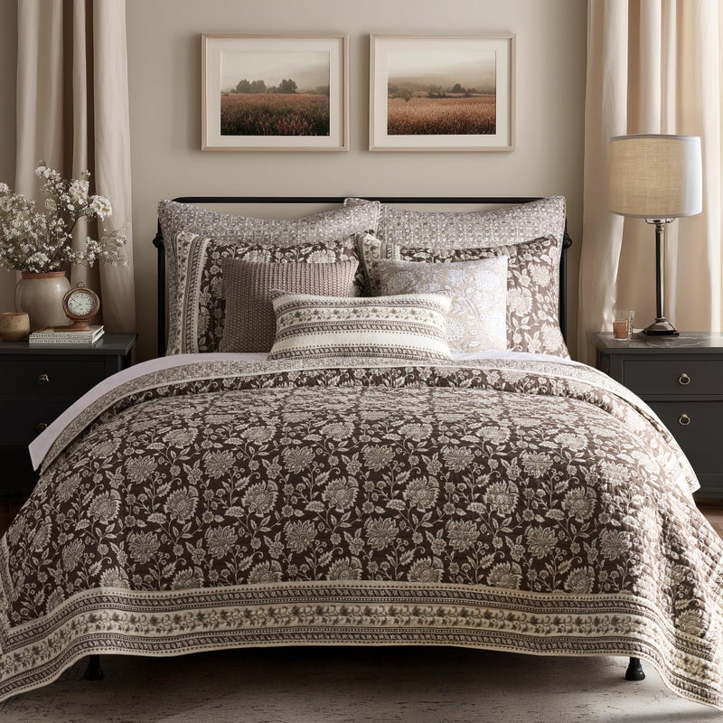 Levtex Home Adare Cocoa Reversible Full/Queen Quilt Set (88x92in) and 2 Pillow Shams (26x20in) - Floral Bedding - Brown Cream - Cotton Full/Queen Size Quilt Bedding Set - Lightweight, Soft, Pre-Washed - Image 1