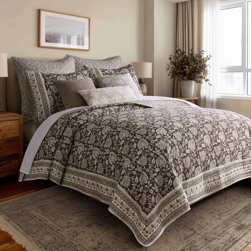 Levtex Home Adare Cocoa Reversible Full/Queen Quilt Set (88x92in) and 2 Pillow Shams (26x20in) - Floral Bedding - Brown Cream - Cotton Full/Queen Size Quilt Bedding Set - Lightweight, Soft, Pre-Washed - Image 2