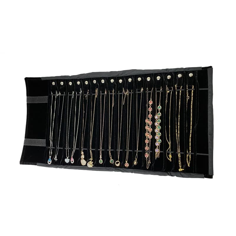 SCIKHEFT Portable Jewelry Roll Untangled Secure Necklace Travel Storage Bag Displays Holder 16 Chain (black PU and velvet) - Image 3