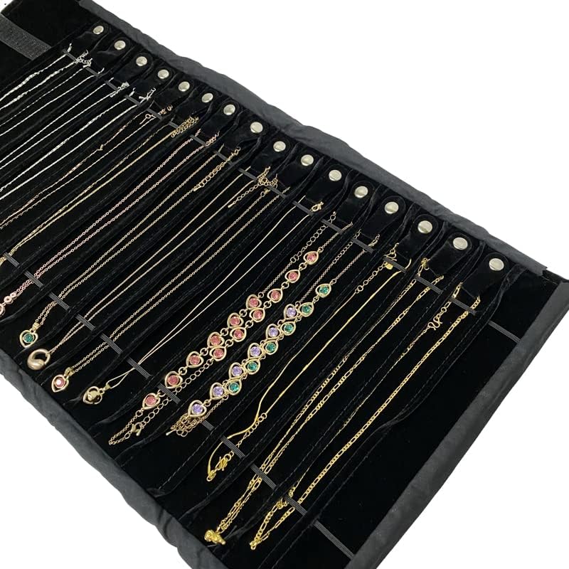 SCIKHEFT Portable Jewelry Roll Untangled Secure Necklace Travel Storage Bag Displays Holder 16 Chain (black PU and velvet) - Image 5