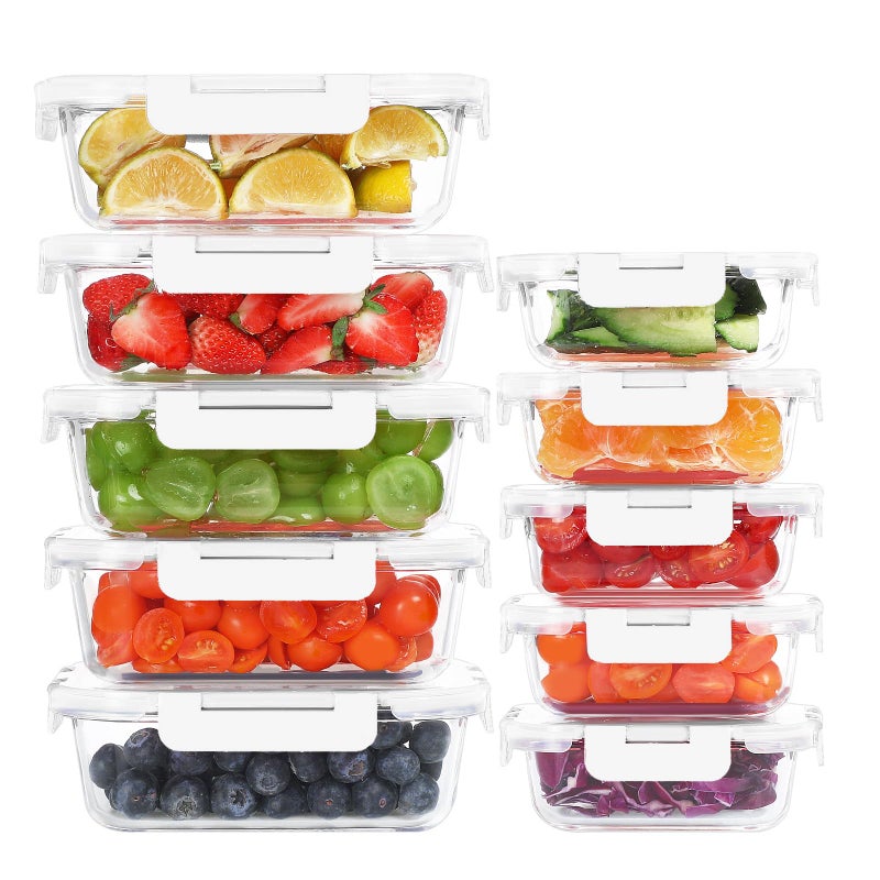 KOMUEE 10 Pack Glass Food Storage Containers, Meal Prep Containers with Lids, Airtight Glass Lunch Boxes, Freezer, Oven, and Microwave Safe, White - Image 1