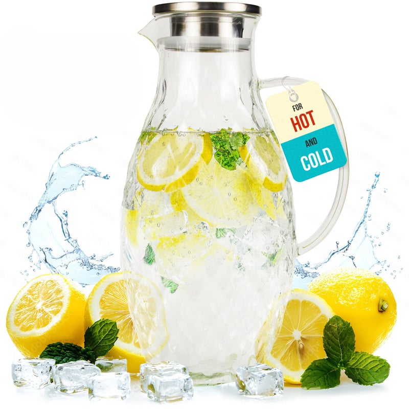 Glass Pitcher with Lid and Spout  3 Liter  100 oz Borosilicate Glass wHandle  Carafe for HotCold Beverages  Water Jug  Iced Tea Pitcher  Juice Server  by PJCKitchen