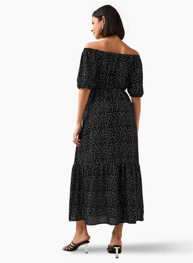 Splash FAV Polka Dot Print Off Shoulder Women Dress with Tie-Ups - Image 3