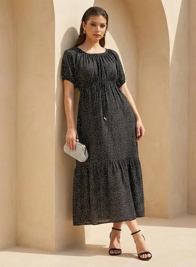 Splash FAV Polka Dot Print Off Shoulder Women Dress with Tie-Ups