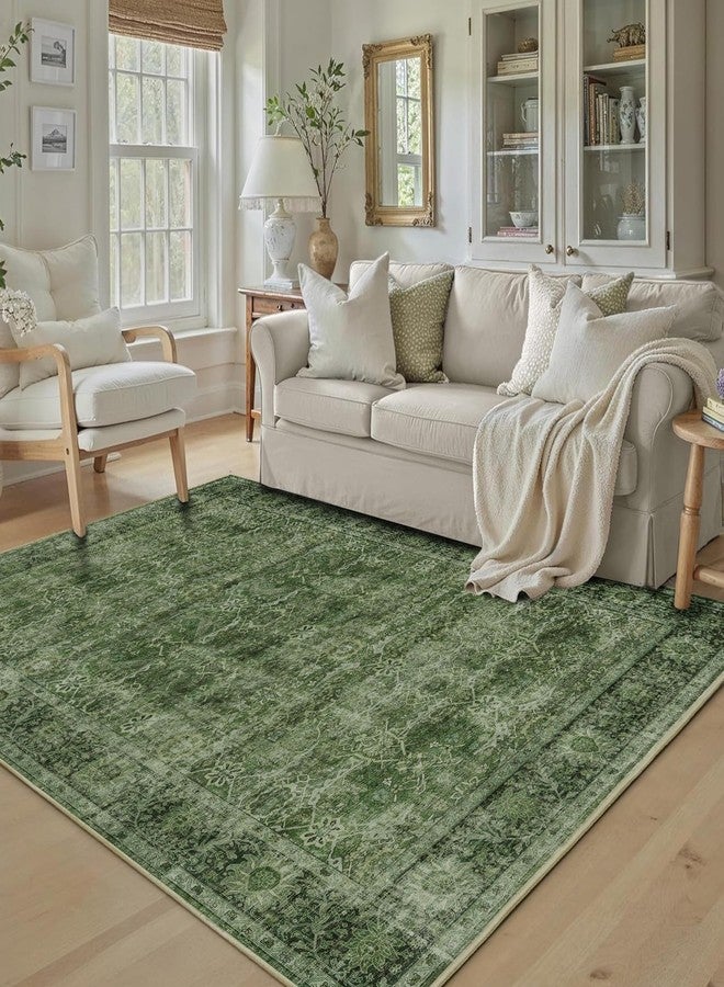 Zeeinx 6x9 Green Washable Rug for Living Room Large Vintage Distressed Bedroom Rug Low Pile Non-Slip Soft Boho Carpets for Bedroom Dining Room Home Office Indoor Nursery - Image 3