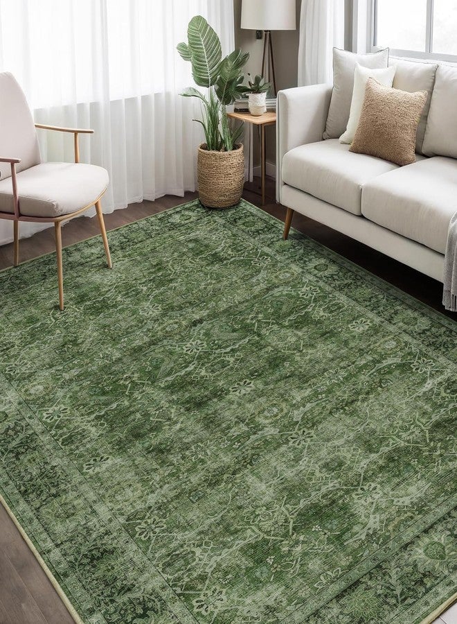 Zeeinx 6x9 Green Washable Rug for Living Room Large Vintage Distressed Bedroom Rug Low Pile Non-Slip Soft Boho Carpets for Bedroom Dining Room Home Office Indoor Nursery - Image 2