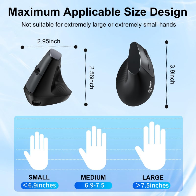 LOONASA Ergonomic Bluetooth Mouse, Wireless Rechargeable Vertical Mouse for Carpal Tunnel with USBC & BT 5.0/3.0 & 2.4G Connect, Silent, Easy to use, 6 Buttons for Laptop PC MacBook Desktop Computer - Image 5