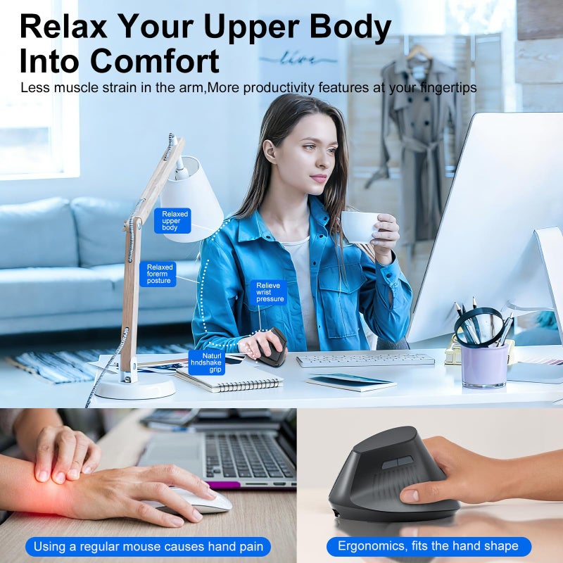 LOONASA Ergonomic Bluetooth Mouse, Wireless Rechargeable Vertical Mouse for Carpal Tunnel with USBC & BT 5.0/3.0 & 2.4G Connect, Silent, Easy to use, 6 Buttons for Laptop PC MacBook Desktop Computer - Image 4