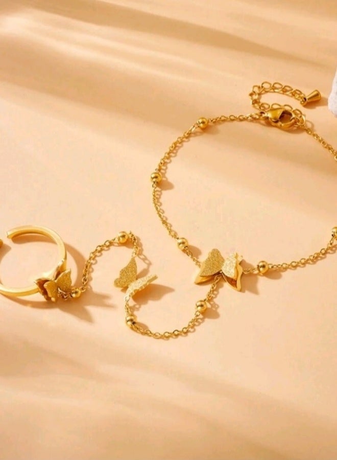 High Quality Stainless Steel Gold Plated Bracelet Connected With Ring For Women Trendy Elegant Daily Wear Party Dating Gift Durable Anti Tarnish Fashion Accessory - Image 4