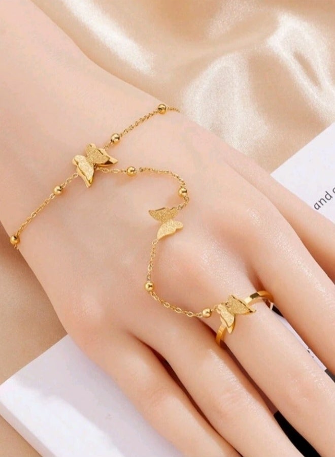 High Quality Stainless Steel Gold Plated Bracelet Connected With Ring For Women Trendy Elegant Daily Wear Party Dating Gift Durable Anti Tarnish Fashion Accessory - Image 3