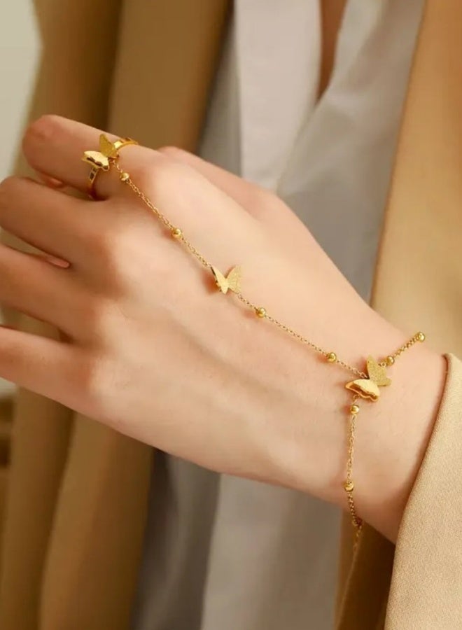 High Quality Stainless Steel Gold Plated Bracelet Connected With Ring For Women Trendy Elegant Daily Wear Party Dating Gift Durable Anti Tarnish Fashion Accessory - Image 1