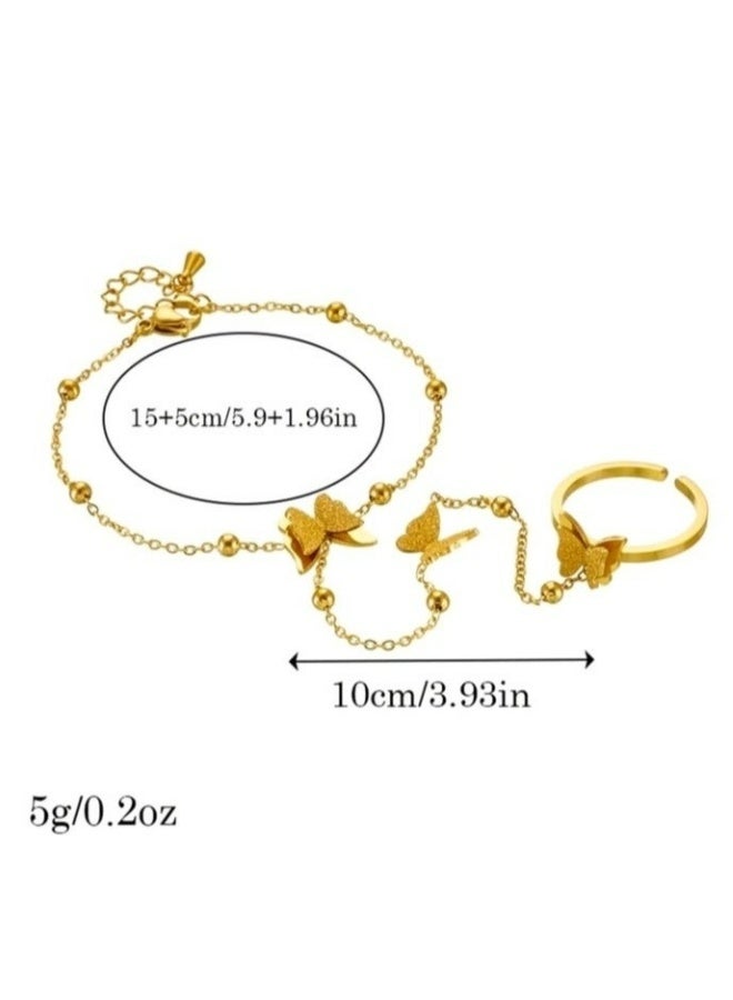 High Quality Stainless Steel Gold Plated Bracelet Connected With Ring For Women Trendy Elegant Daily Wear Party Dating Gift Durable Anti Tarnish Fashion Accessory - Image 5