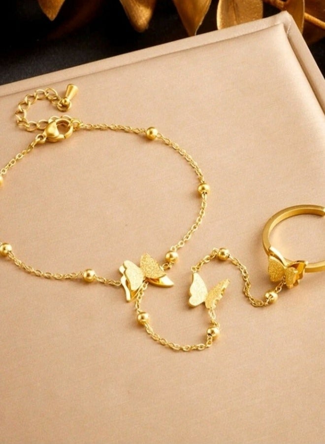 High Quality Stainless Steel Gold Plated Bracelet Connected With Ring For Women Trendy Elegant Daily Wear Party Dating Gift Durable Anti Tarnish Fashion Accessory - Image 2