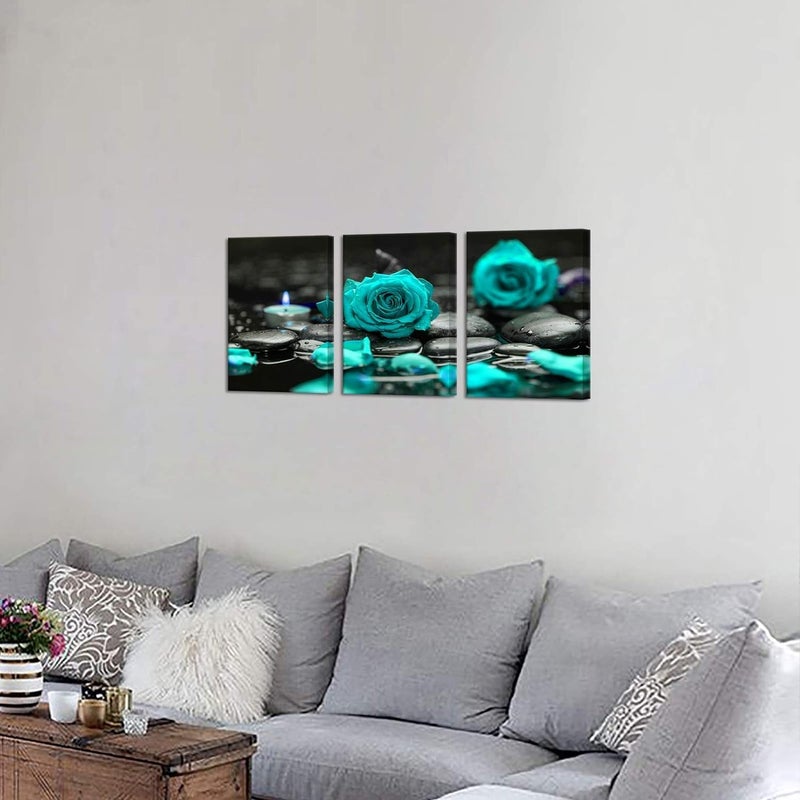 BPA 3 Panel Teal Blue Rose Canvas Art - Image 4