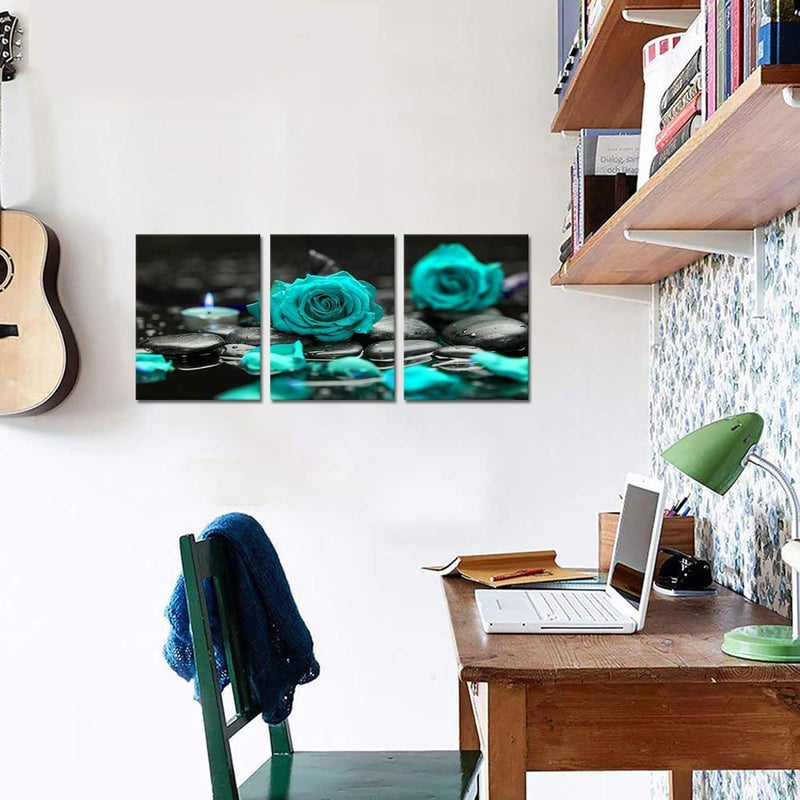 BPA 3 Panel Teal Blue Rose Canvas Art - Image 2