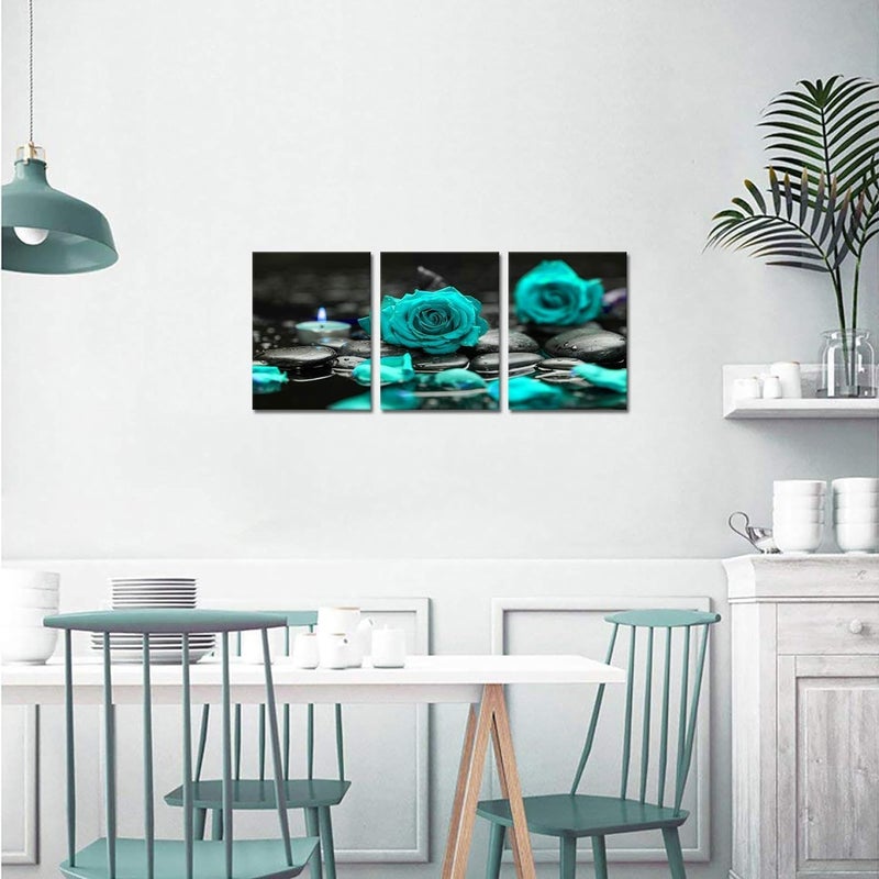 BPA 3 Panel Teal Blue Rose Canvas Art - Image 5