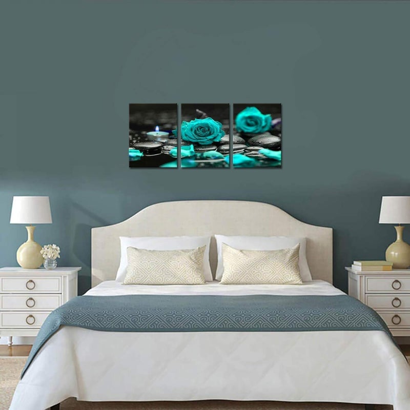 BPA 3 Panel Teal Blue Rose Canvas Art - Image 3
