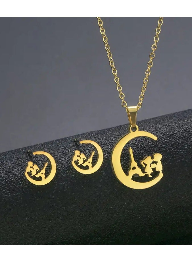 Home Clearance Sale Golden Plated Stainless Steel Heart Pendant Necklace and Earrings Set, Jewelry for Women, Daily & Holiday Accessories,Perfect for Mother'S Day - 3pcs Set 
