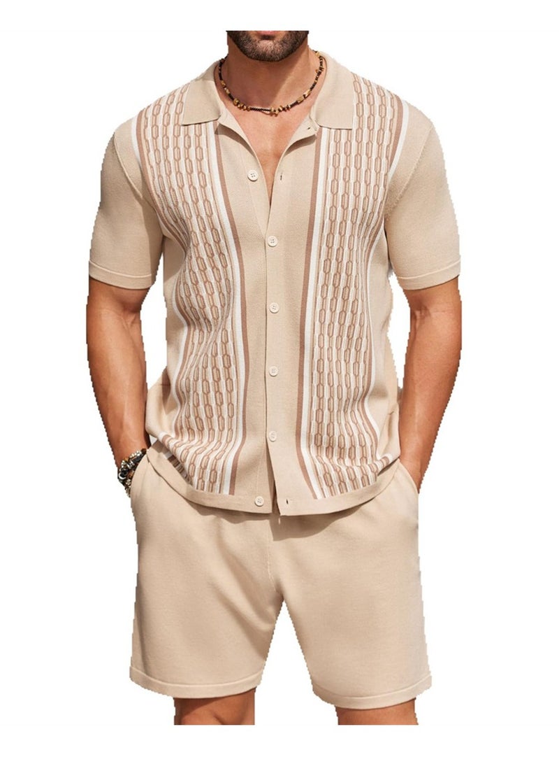 Summer Men's Cool Silk Jacquard Two-piece Knitted Sweater Casual Polo Shirt Fashion Suit - Image 1